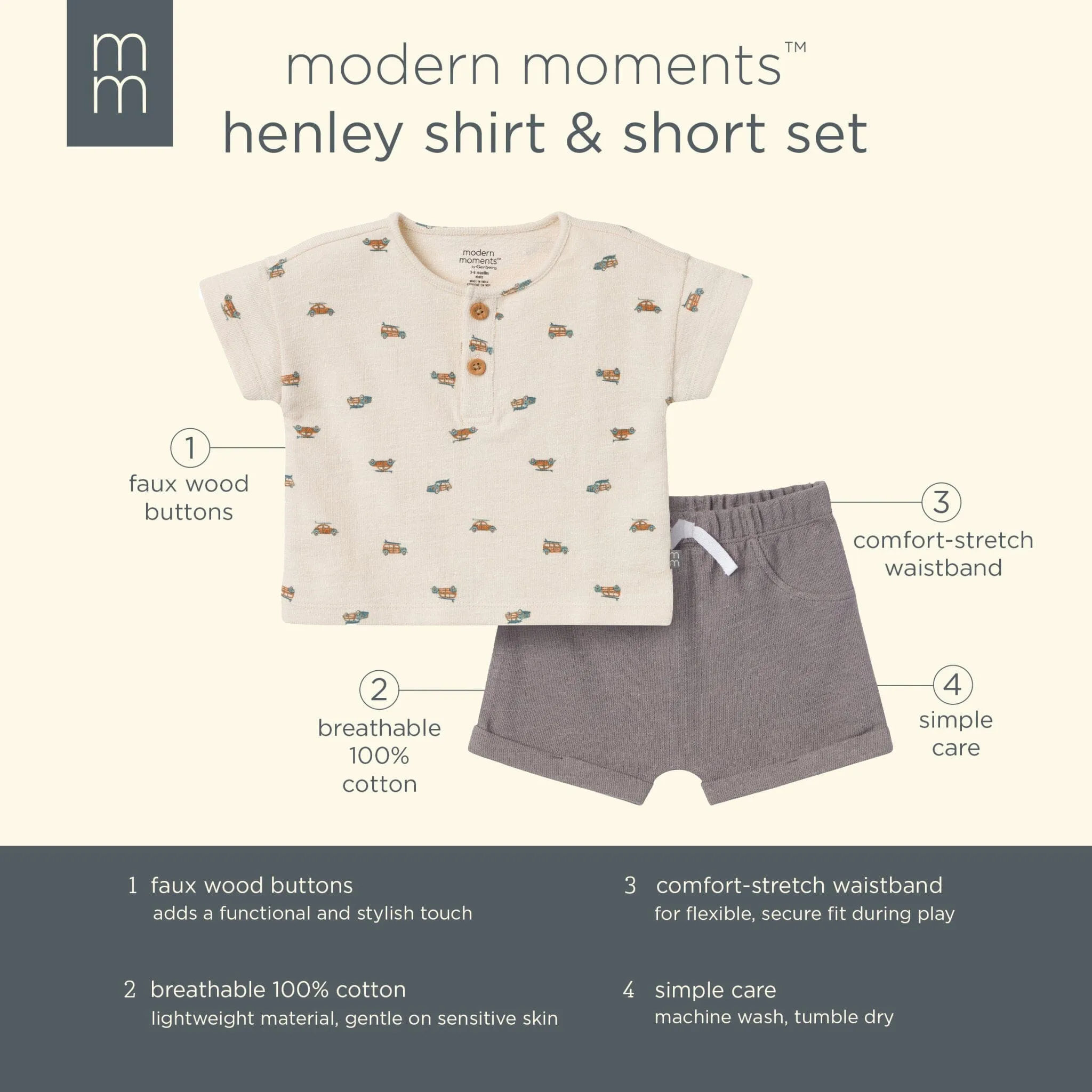 2-Piece Baby Boys Beach Buggys Henley Shirt and Shorts Set