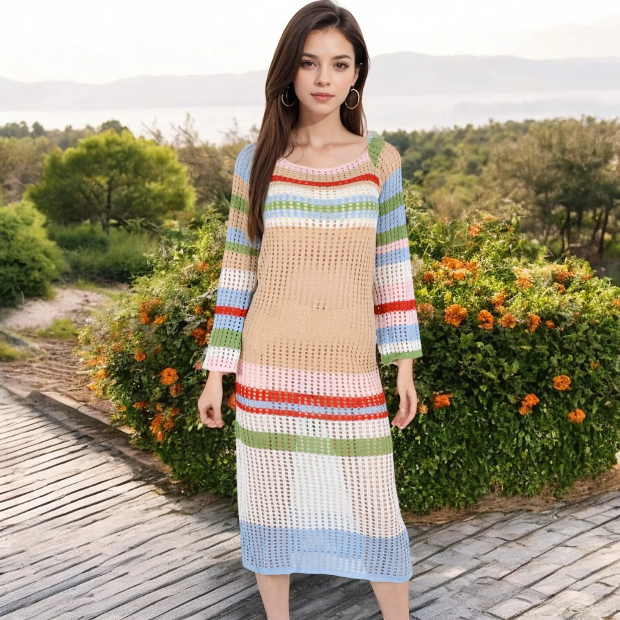 Anna-Kaci Women's Multicolor Striped Off-Shoulder Knit Dress