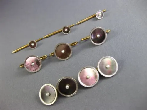 ANTIQUE LARGE AAA MOTHER OF PEARL & PEARL PLATINUM 14KT YELLOW GOLD CUFFLINK SET