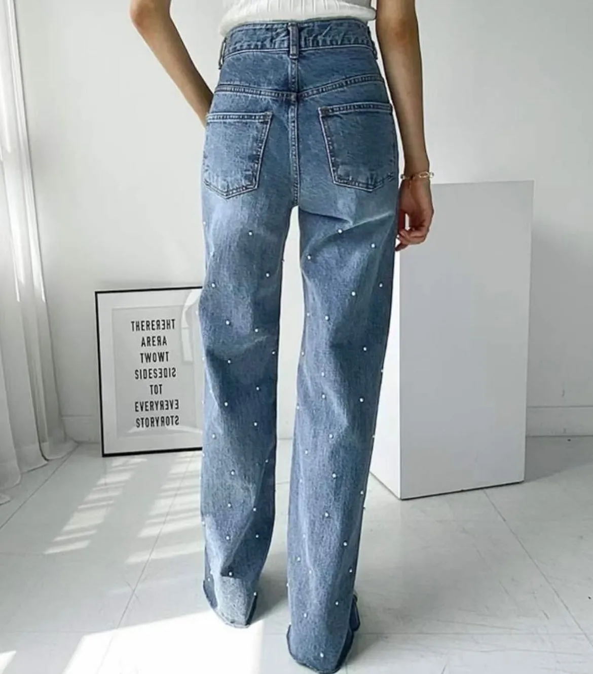Beaded High Waist Straight Mom Jeans