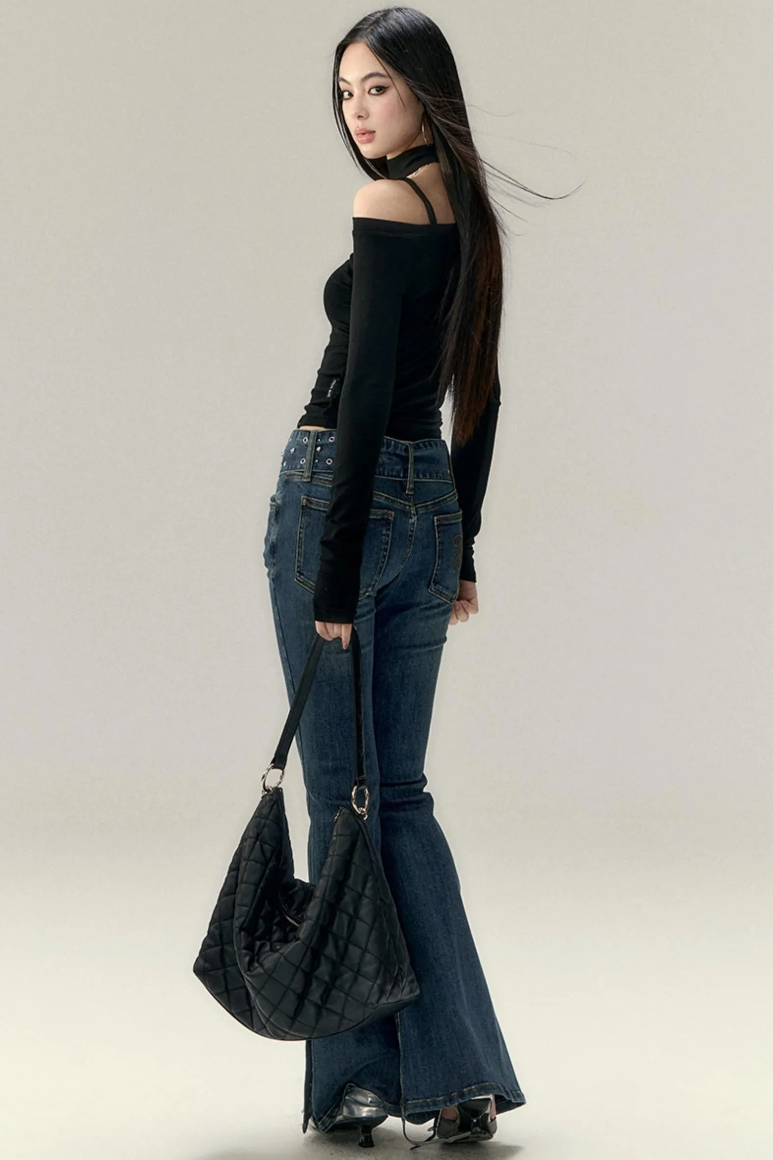 Belted Stretch Flared Denim Jeans