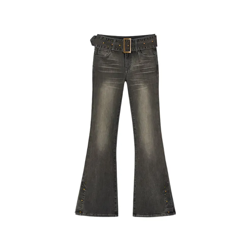 Belted Stretch Flared Denim Jeans
