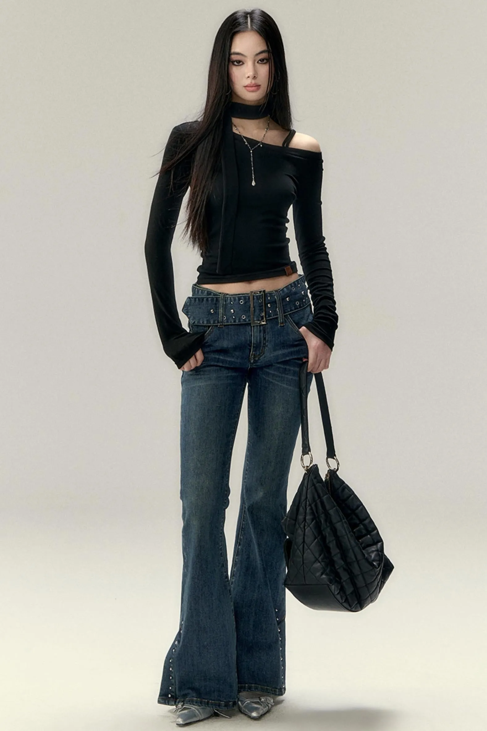 Belted Stretch Flared Denim Jeans