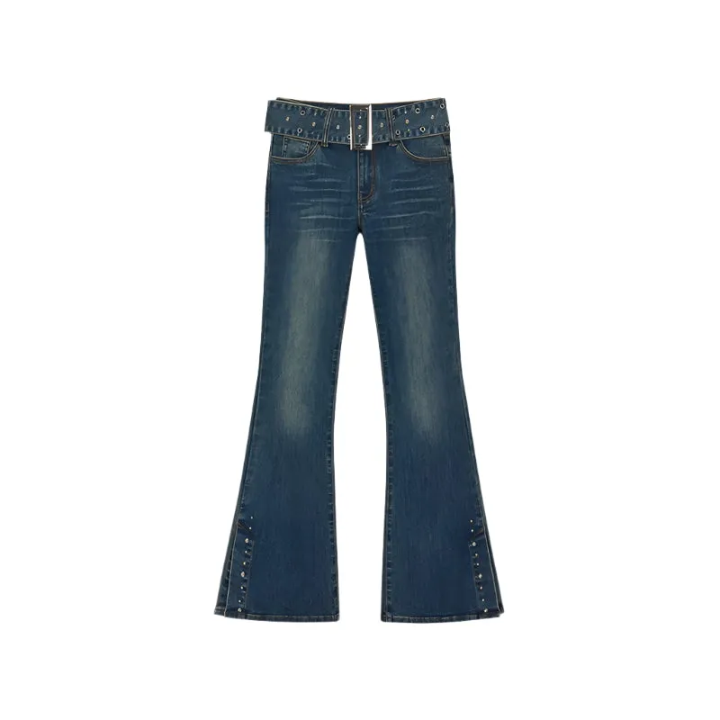 Belted Stretch Flared Denim Jeans