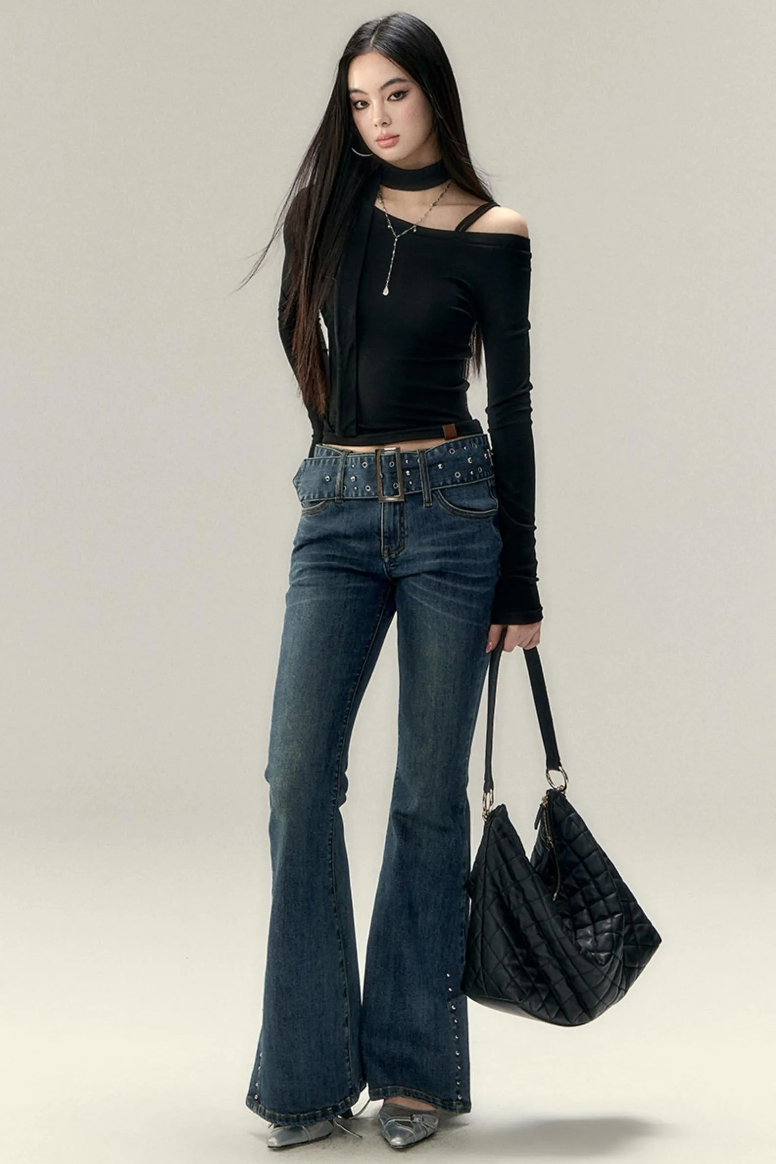 Belted Stretch Flared Denim Jeans