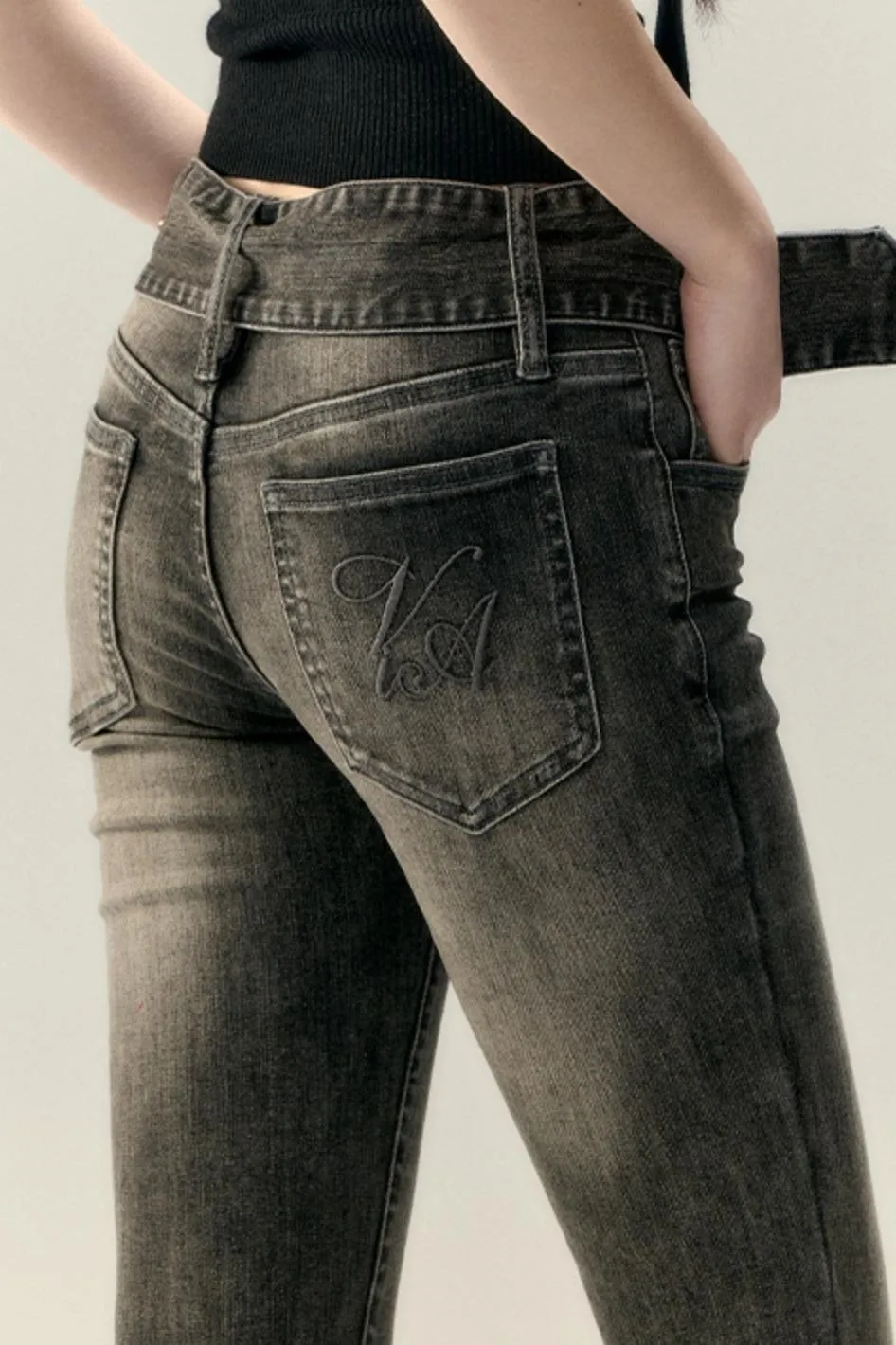 Belted Stretch Flared Denim Jeans
