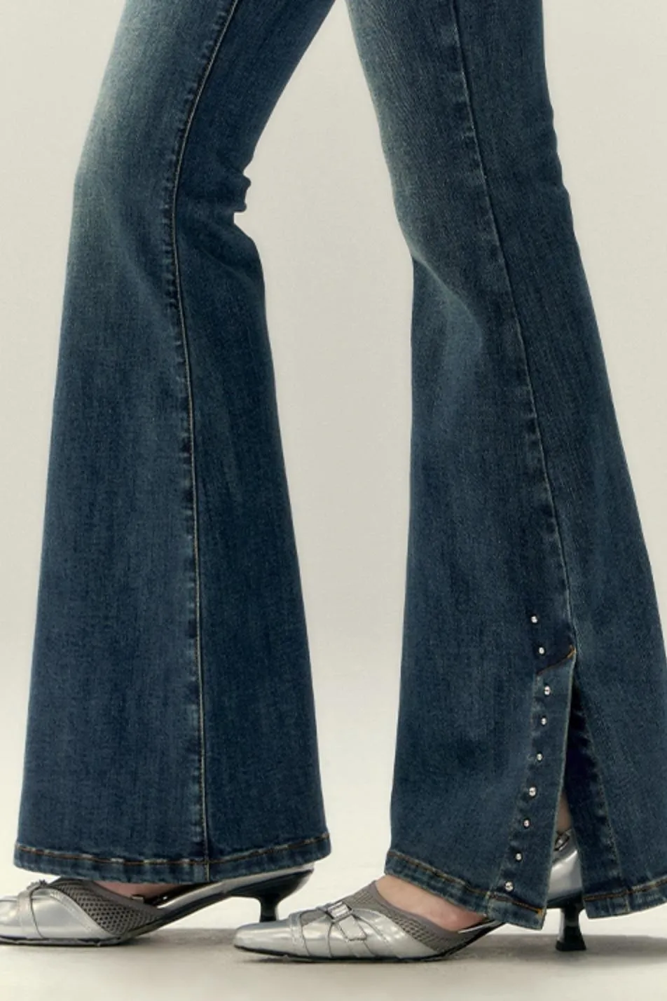 Belted Stretch Flared Denim Jeans