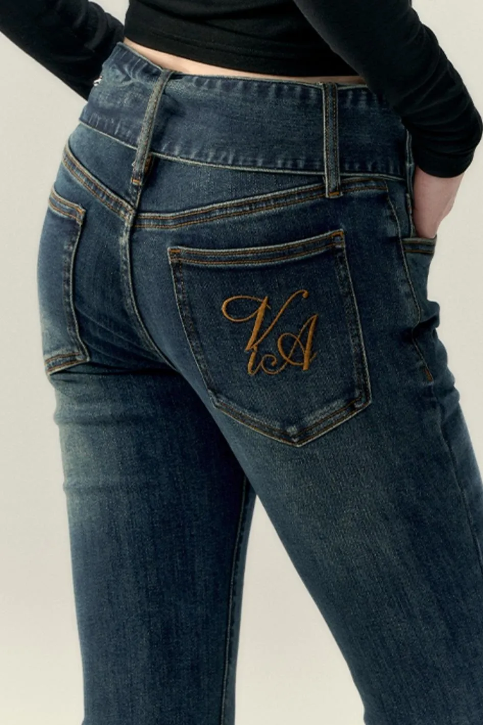 Belted Stretch Flared Denim Jeans