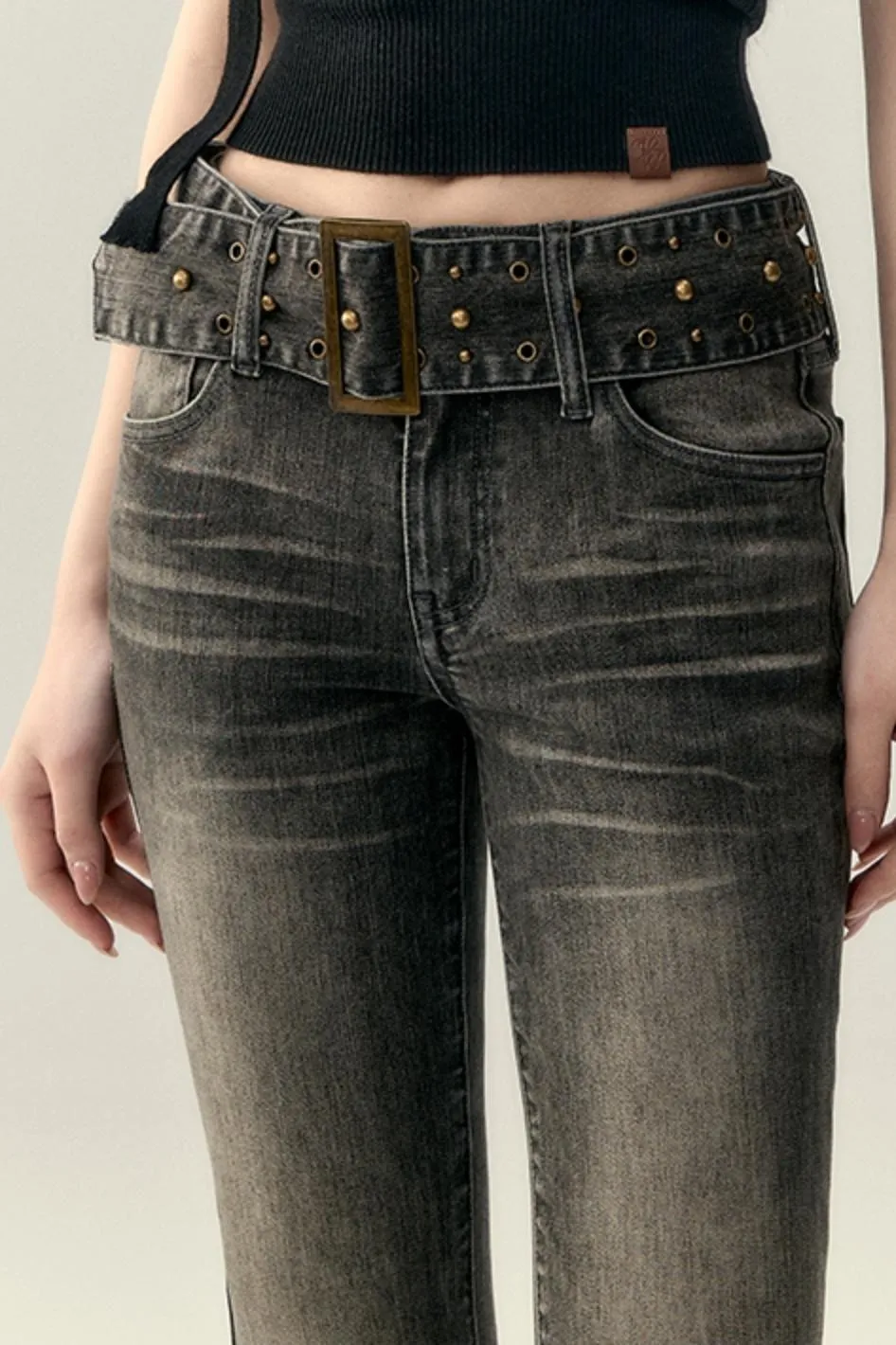 Belted Stretch Flared Denim Jeans