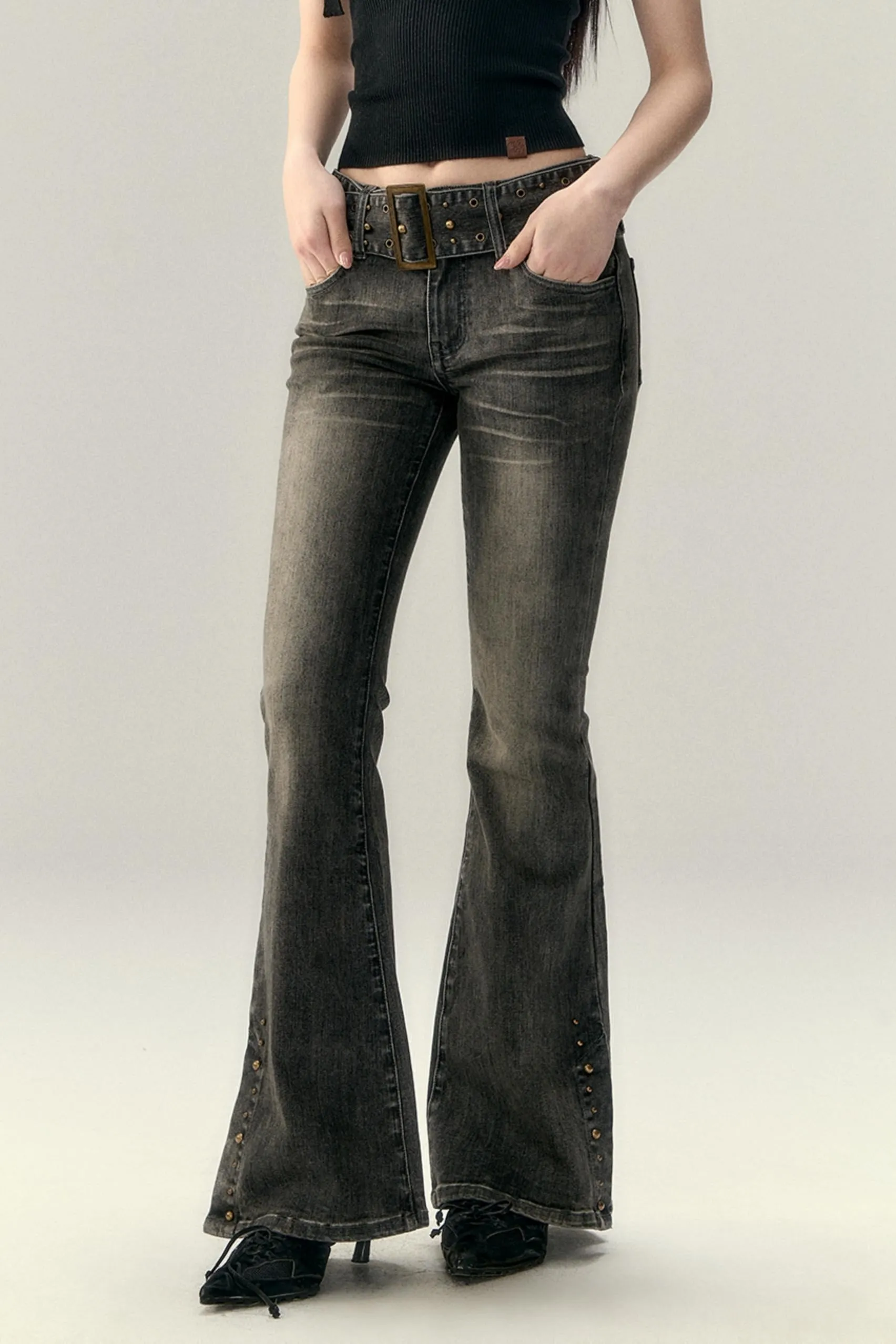 Belted Stretch Flared Denim Jeans