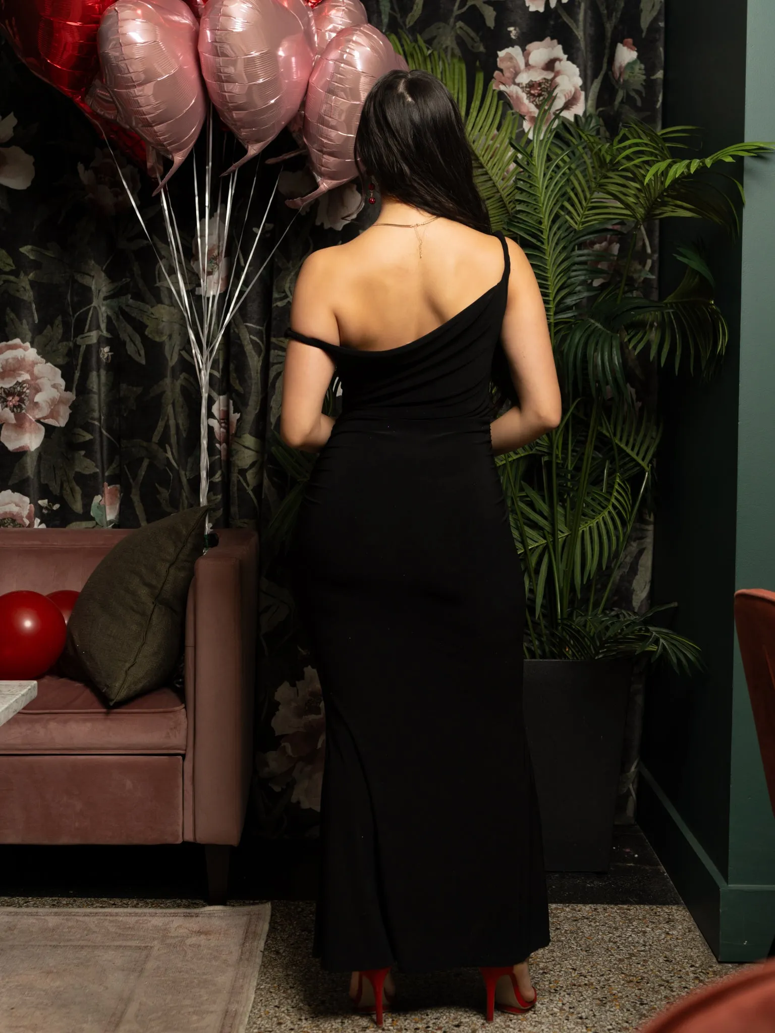 Black Jersey Maxi Dress with Twist Shoulder