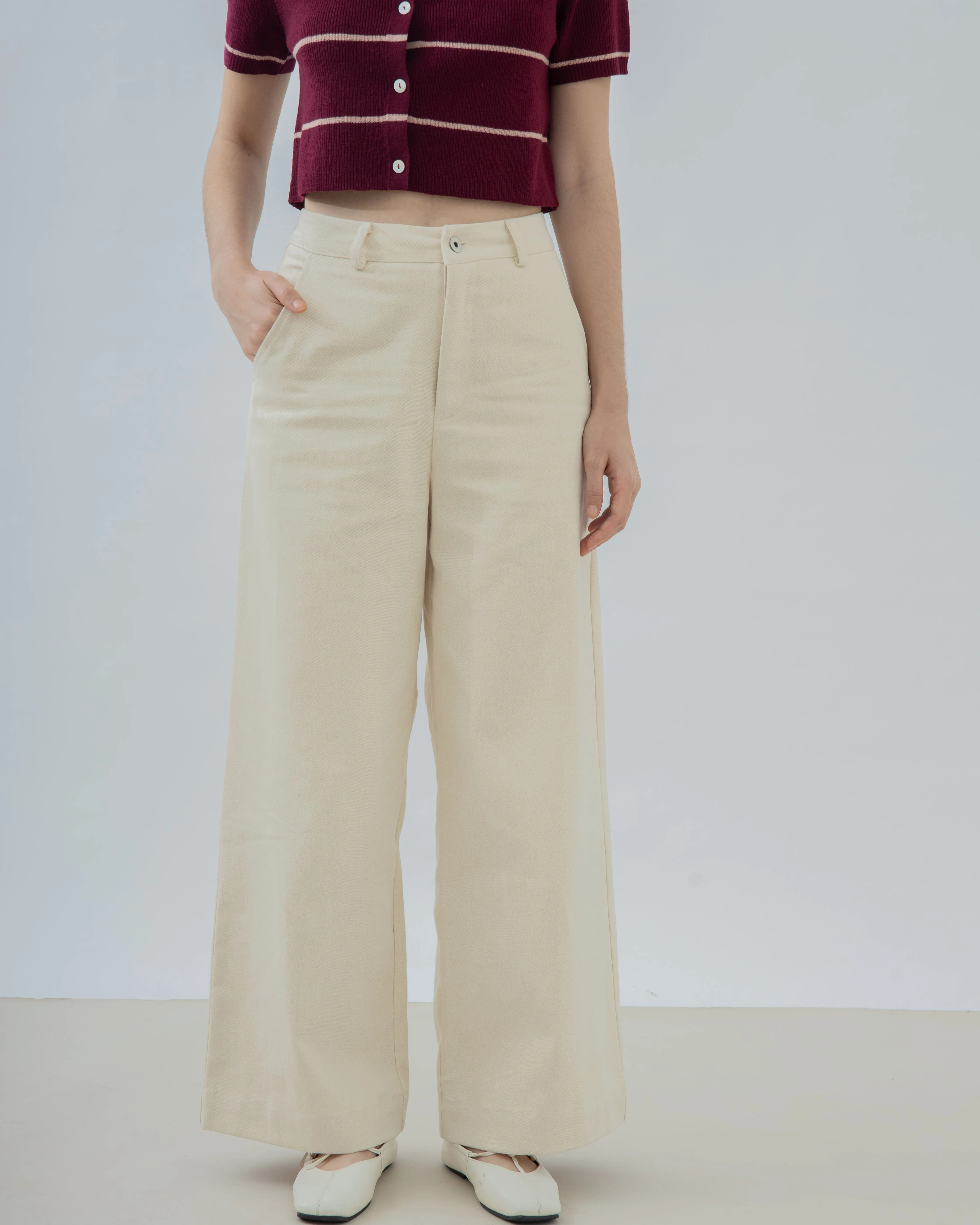 Britney Cotton High Waist Pants (Beige)