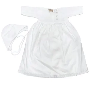 Carmina White Knit/Linen Dress with Lace Trim and Buttons with Matching Bonnet