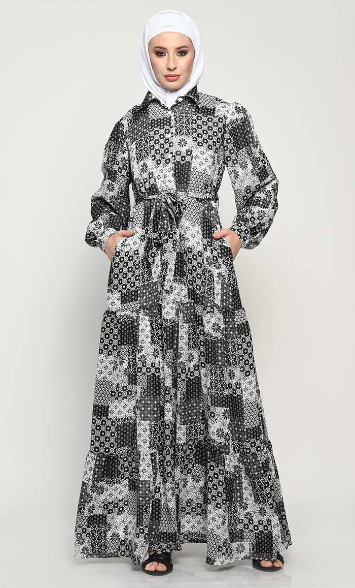 Chic Printed Georgette Abaya with Adjustable Belt and Flared Style