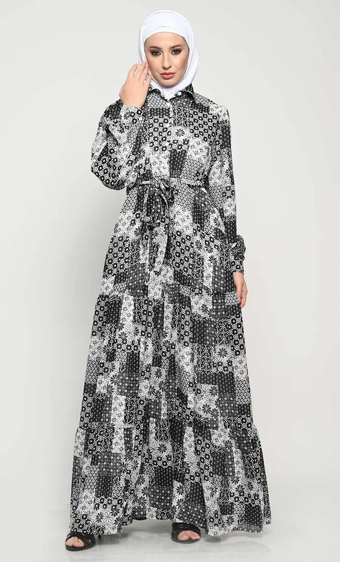 Chic Printed Georgette Abaya with Adjustable Belt and Flared Style