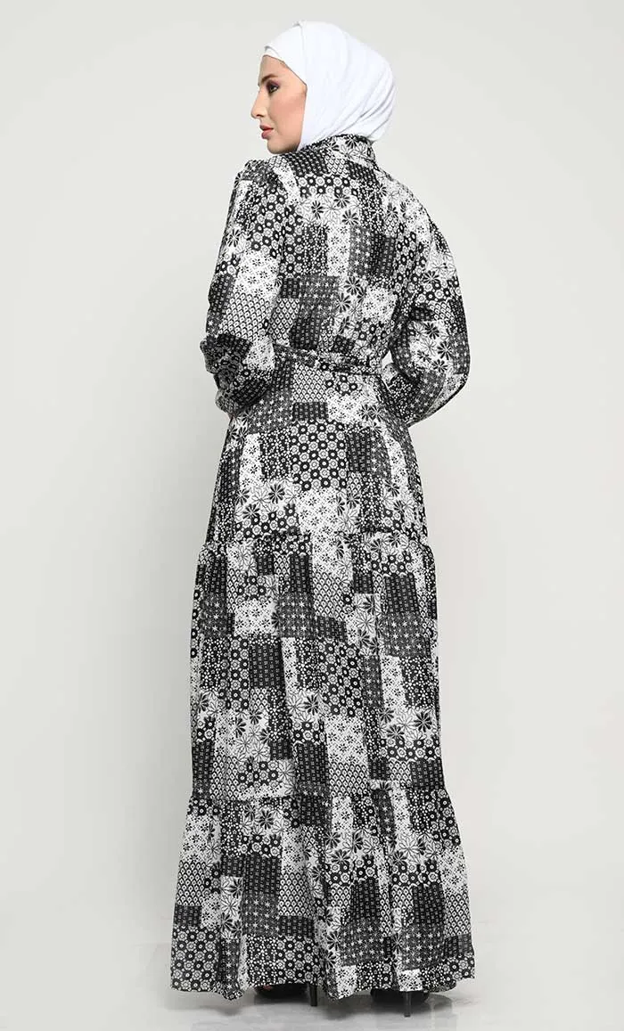 Chic Printed Georgette Abaya with Adjustable Belt and Flared Style