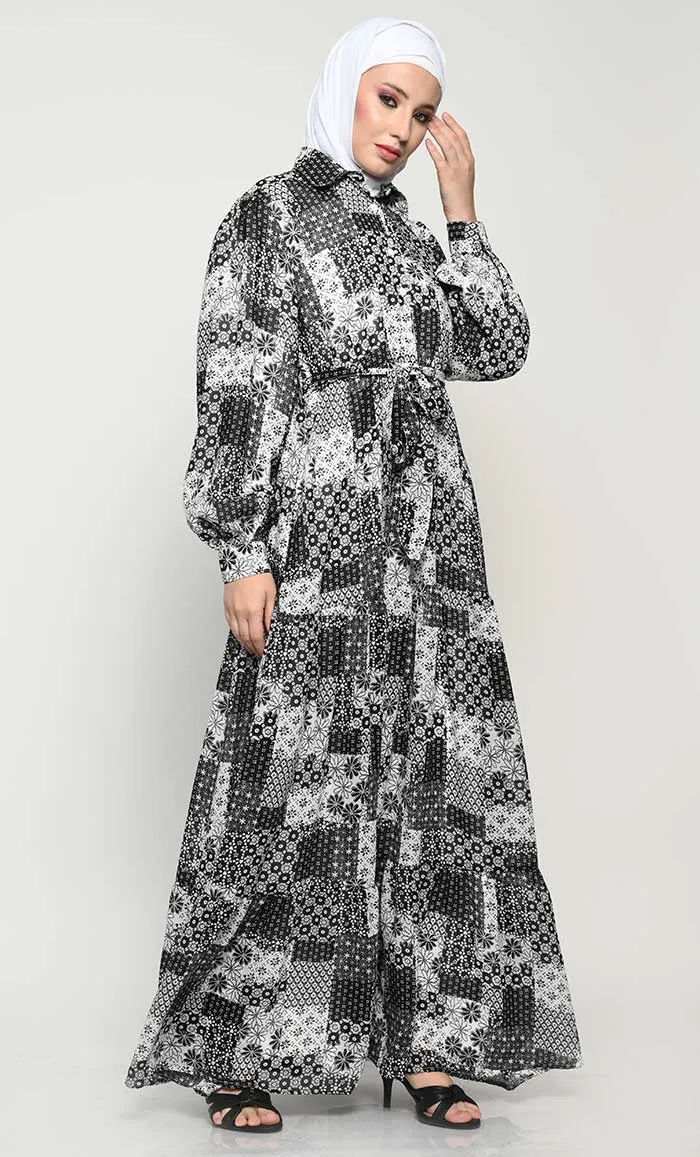 Chic Printed Georgette Abaya with Adjustable Belt and Flared Style