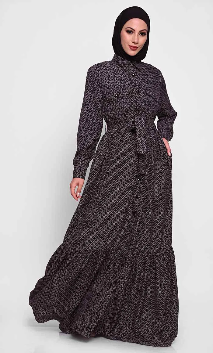 Chic Summer Cool Fabric Printed Abaya with Adjustable Belt
