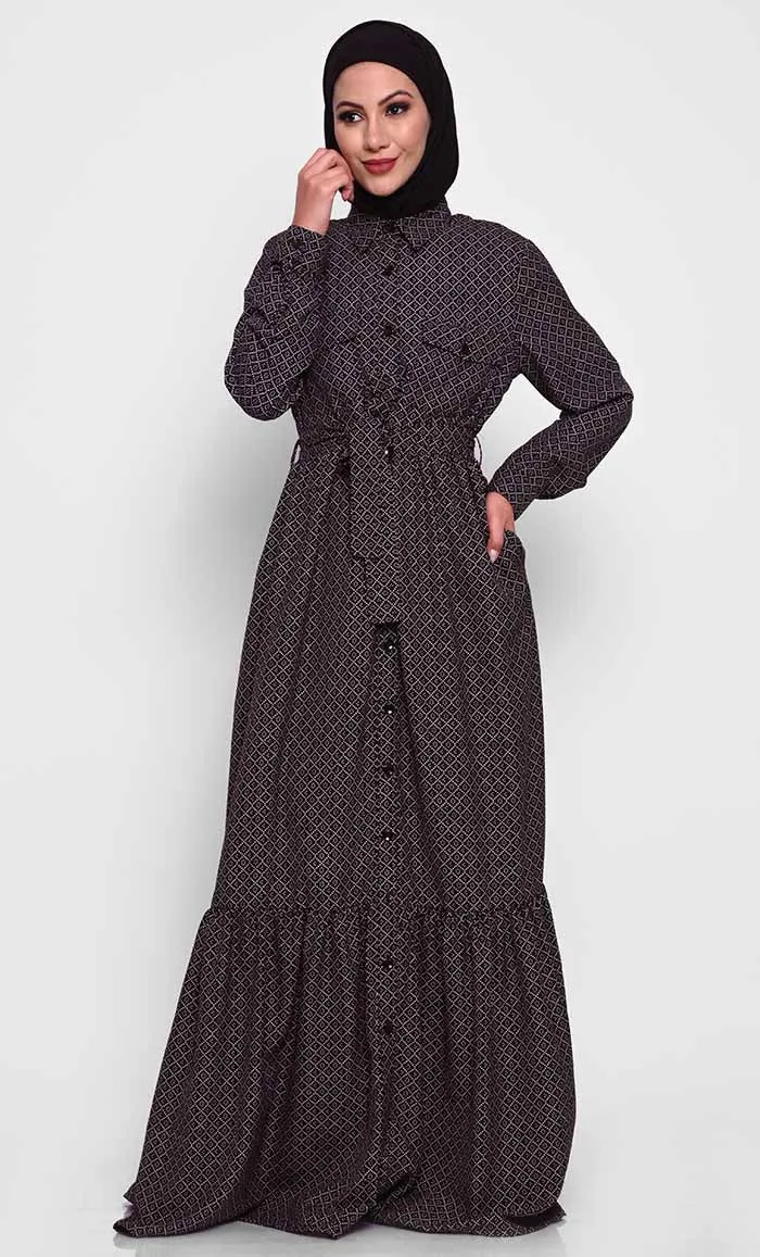 Chic Summer Cool Fabric Printed Abaya with Adjustable Belt