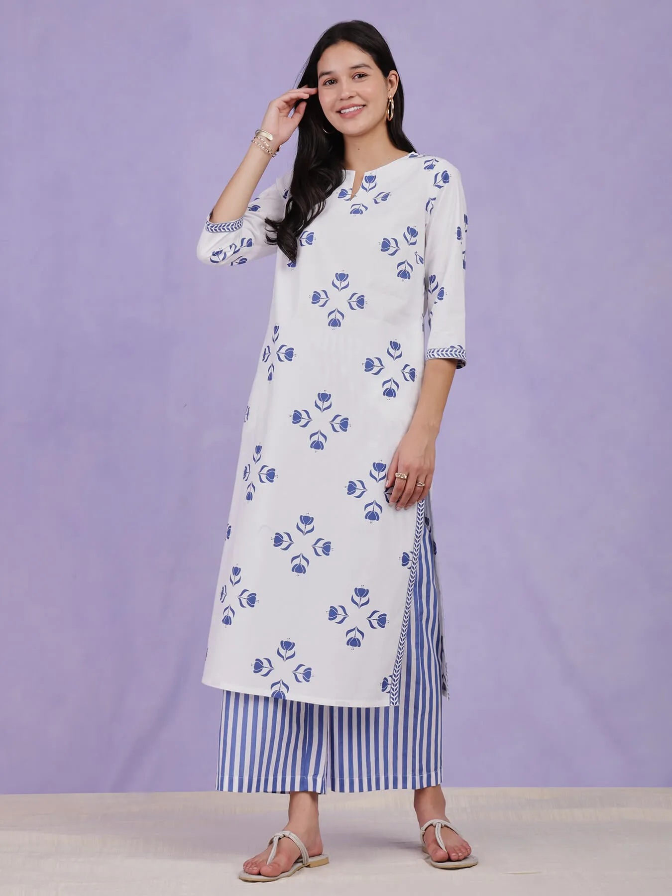 Cotton Floral Motif Kurta Set - Blue & White