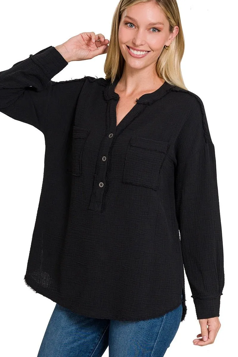 DOUBLE GAUZE 3/4 BUTTON HENLEY-NECK SHIRT