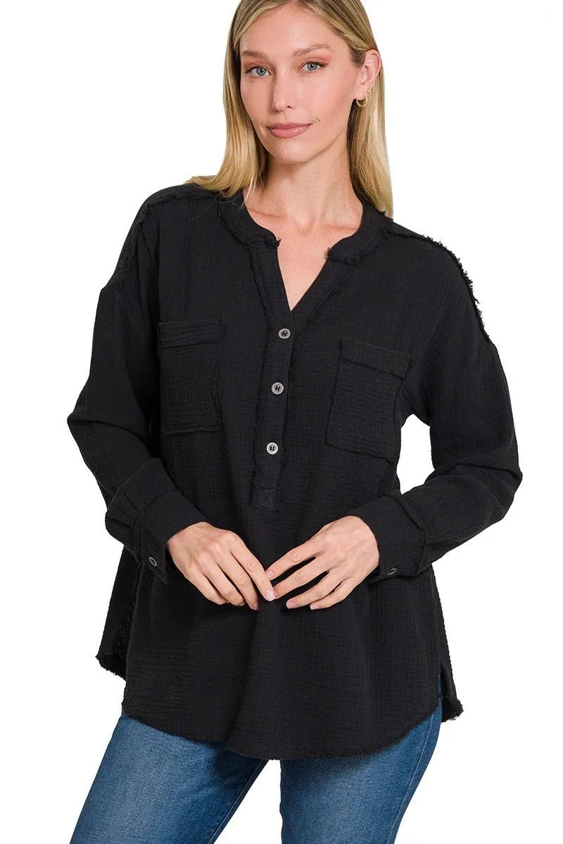 DOUBLE GAUZE 3/4 BUTTON HENLEY-NECK SHIRT