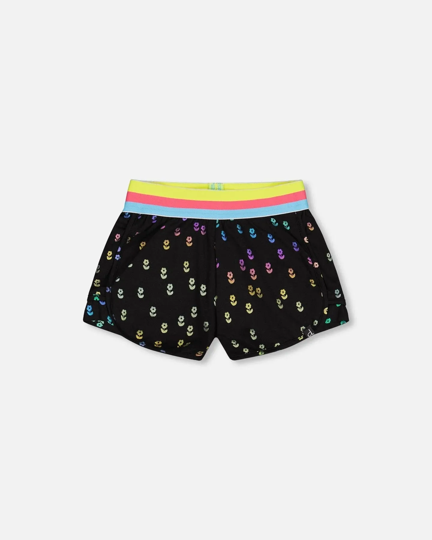 DPD Black Foil Flower Shorts with Striped Waist