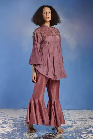 Drape Cape top with fit to flared pants