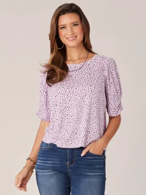 Elbow Puff Sleeve Scoop Neck Metallic Animal Print Knit Top