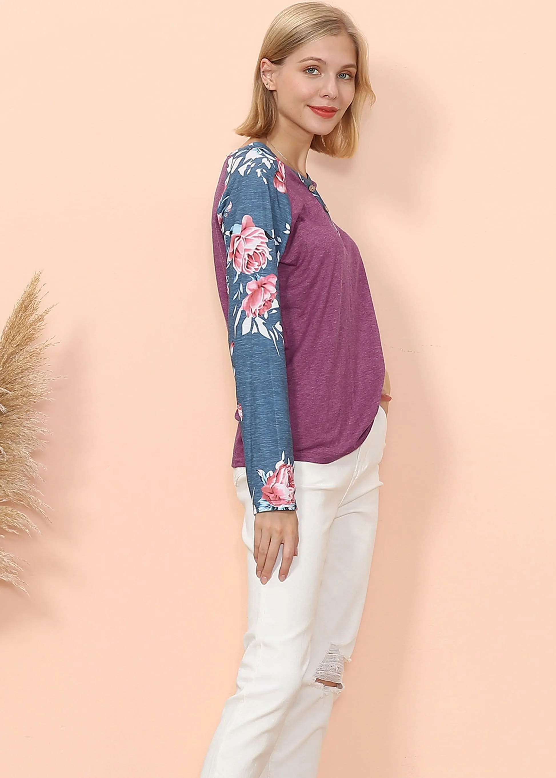 Floral Print Henley Long Sleeve