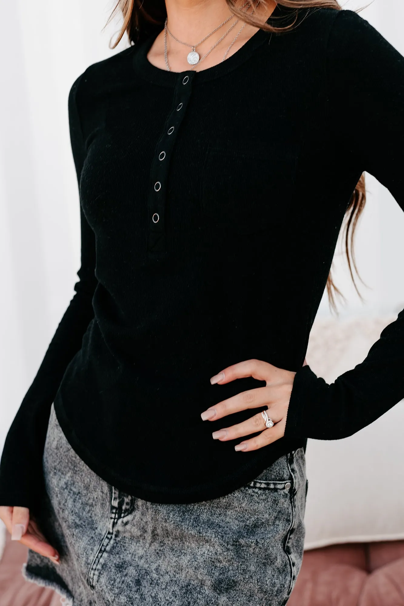 Fostering Friendships Ribbed Long Sleeve Henley Top (Black)