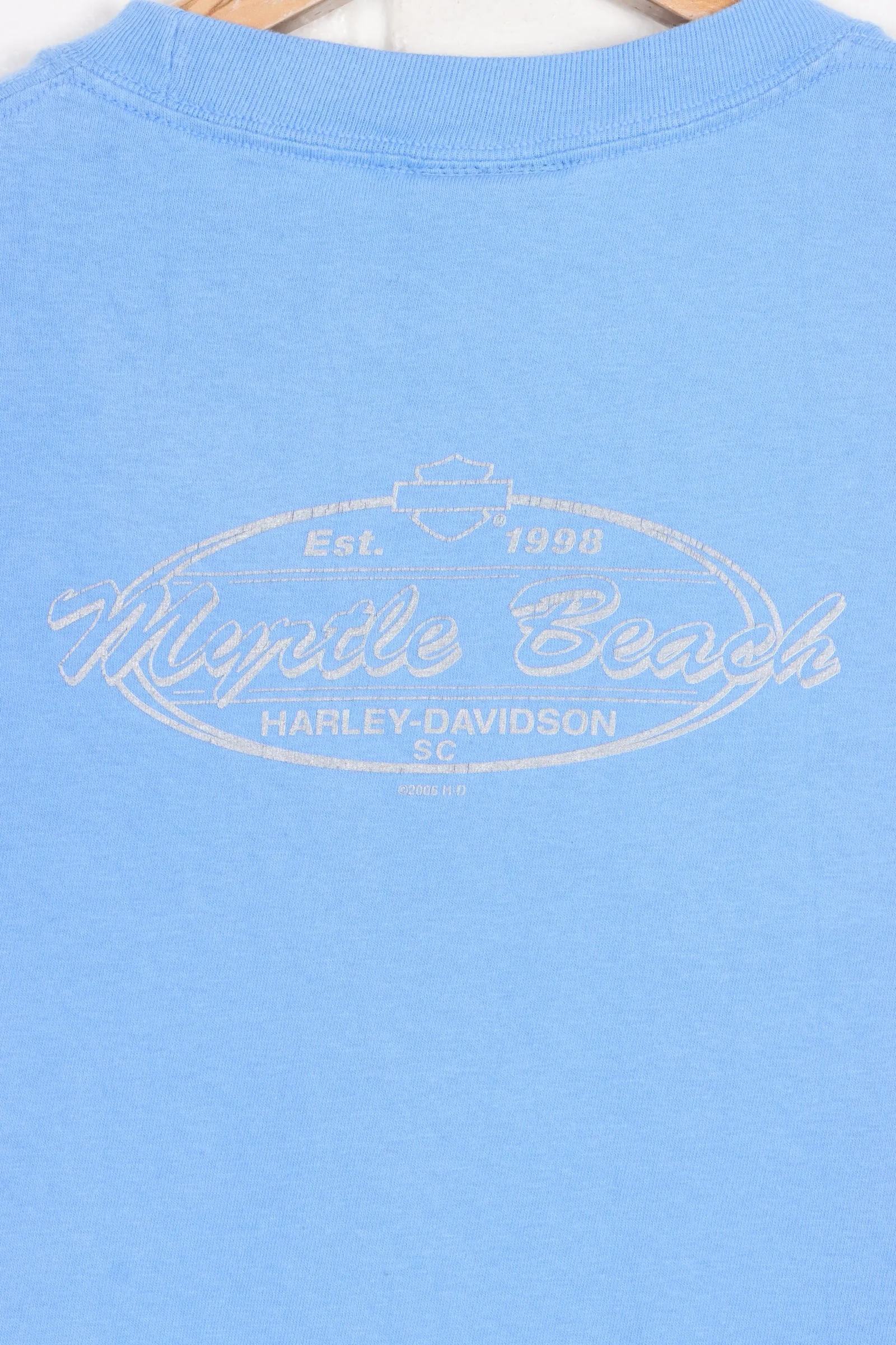 HARLEY DAVIDSON Myrtle Beach Metallic Silver Logo Blue T-Shirt (XS)