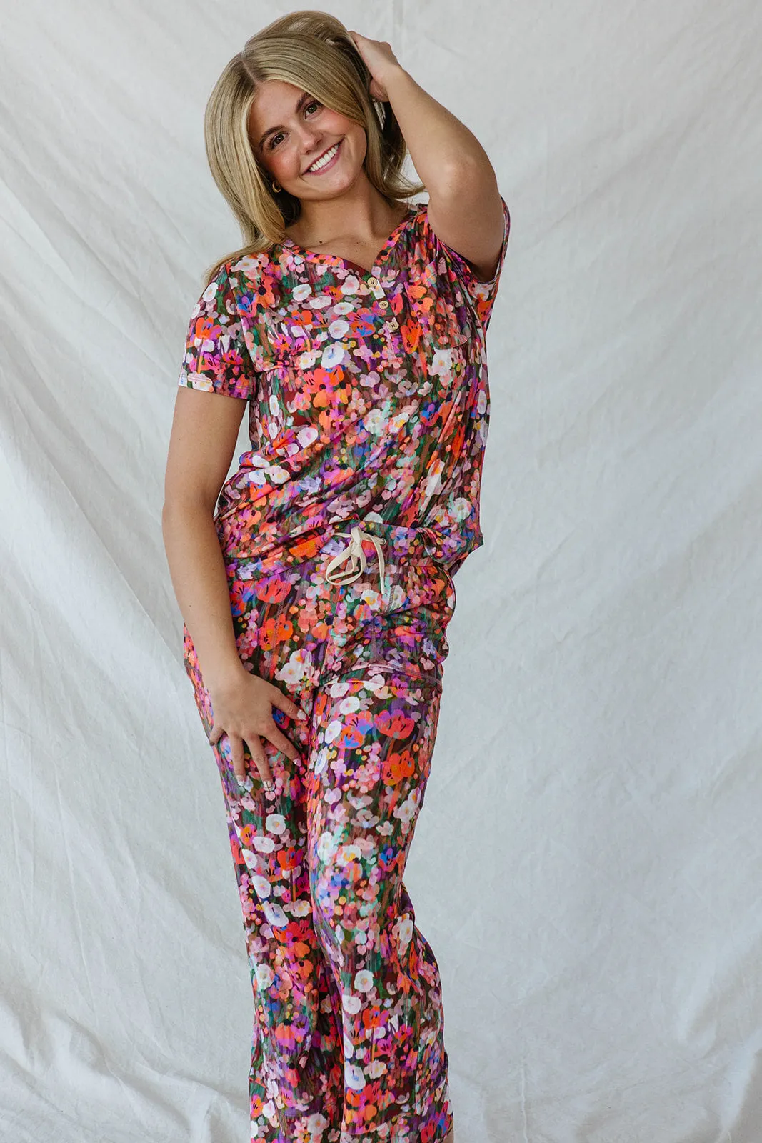 HENLEY STRAIGHT LEG PANTS SET MODAL | Purple Watercolor Floral