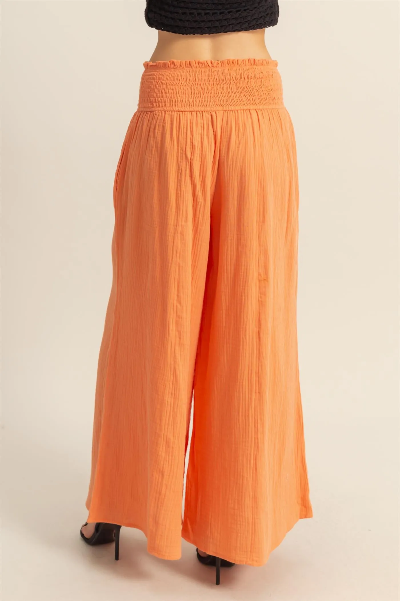HF25C834-Double Gauze Smocked Waist Wide Leg Pants