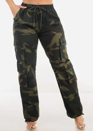 High Drawstring Waist Camouflage Cargo Pants