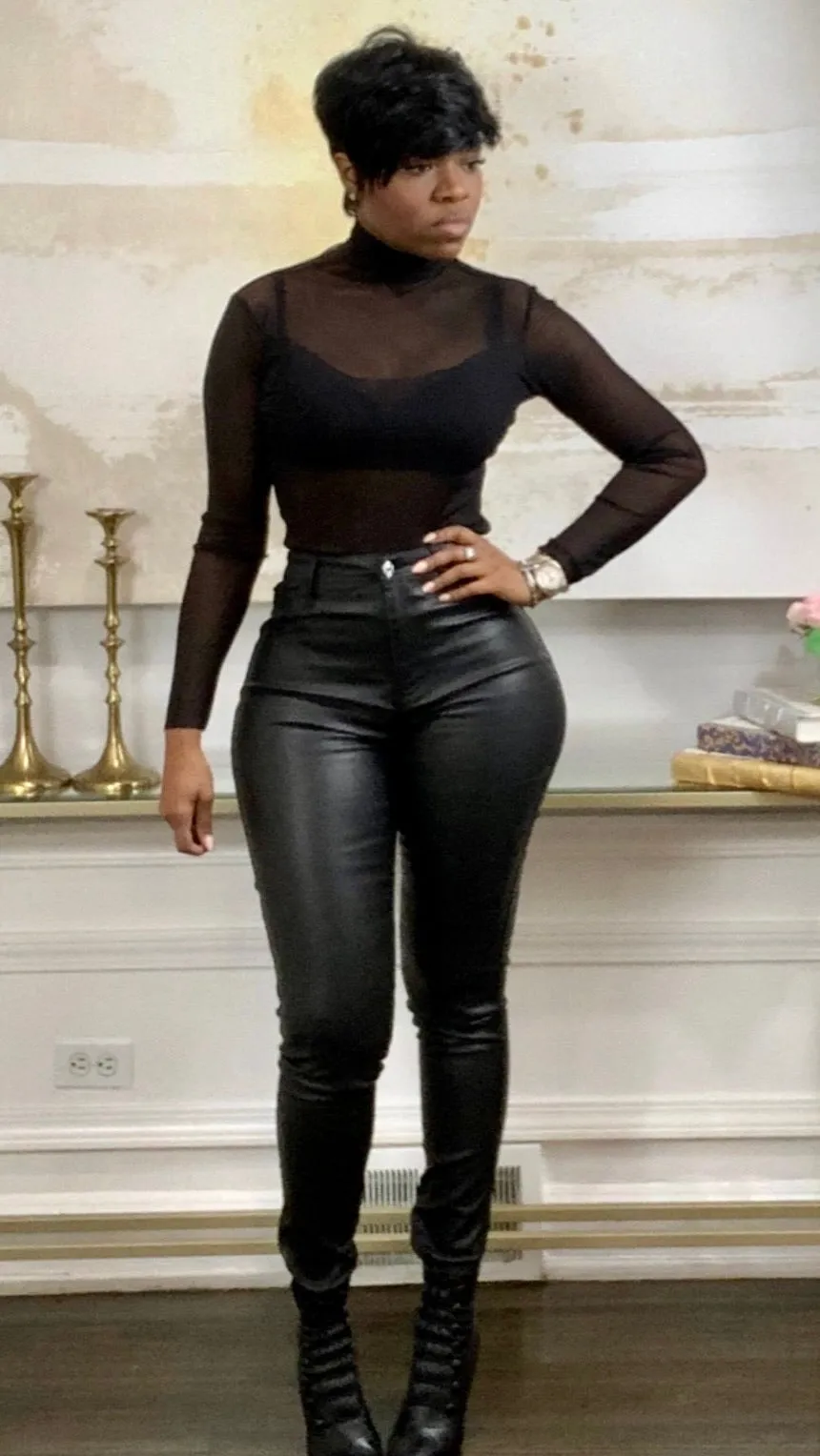 High Waist Vegan Leather  Pants - Black