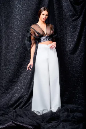 High-Waist Wide Leg Faille Pant with Crop Top
