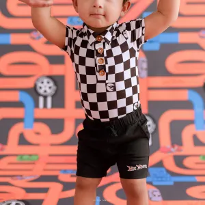 Hot Wheels™ Retro Checker Short Sleeve Collared Henley Bodysuit