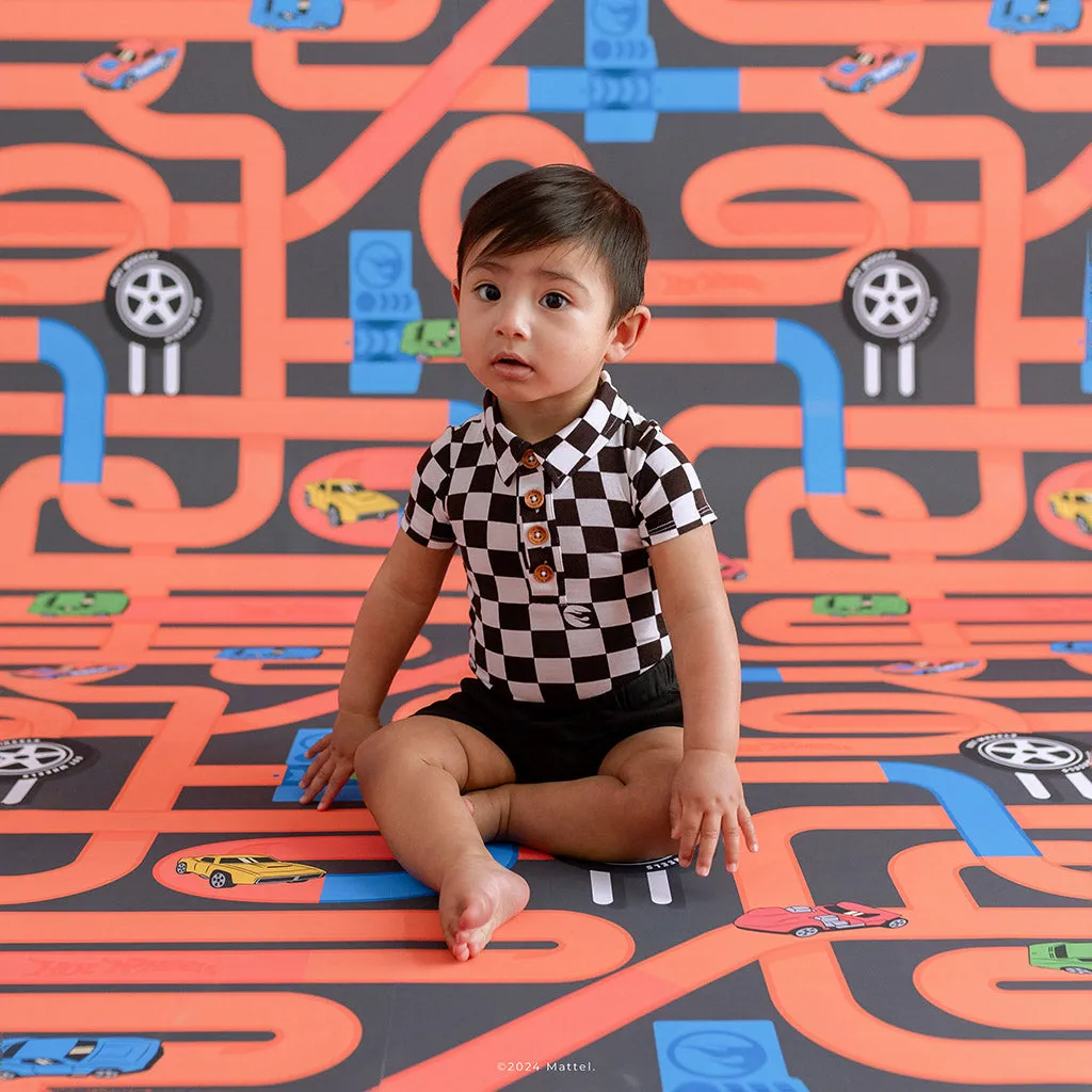 Hot Wheels™ Retro Checker Short Sleeve Collared Henley Bodysuit