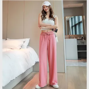 Ice Silk Wide Leg Pants Women Summer France High Waist Drape Loose Slim Look Straight Pants
