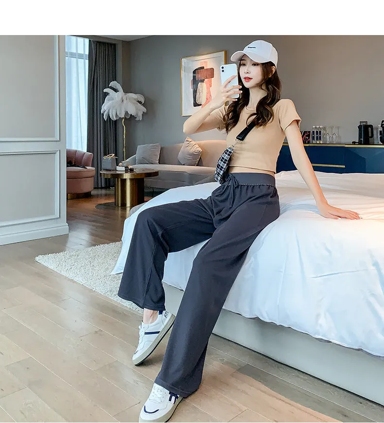 Ice Silk Wide Leg Pants Women Summer France High Waist Drape Loose Slim Look Straight Pants