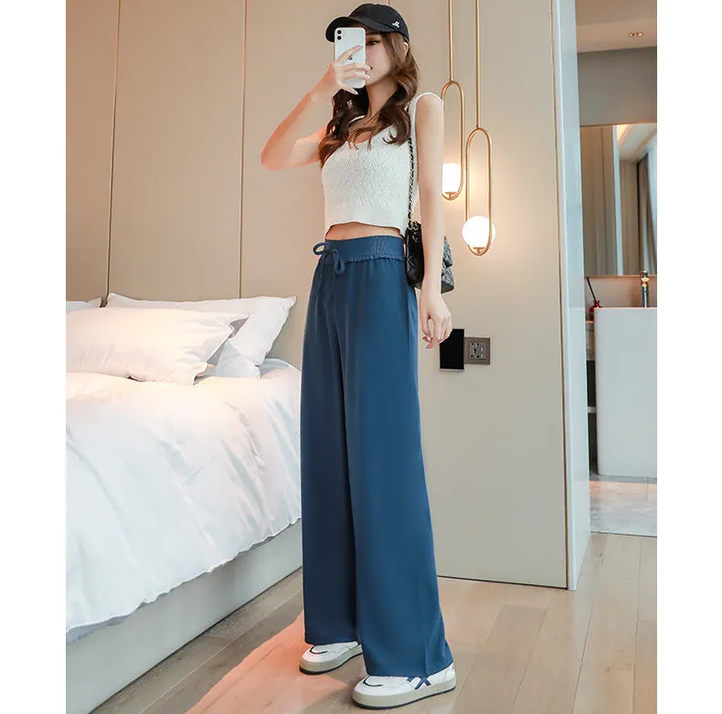 Ice Silk Wide Leg Pants Women Summer France High Waist Drape Loose Slim Look Straight Pants