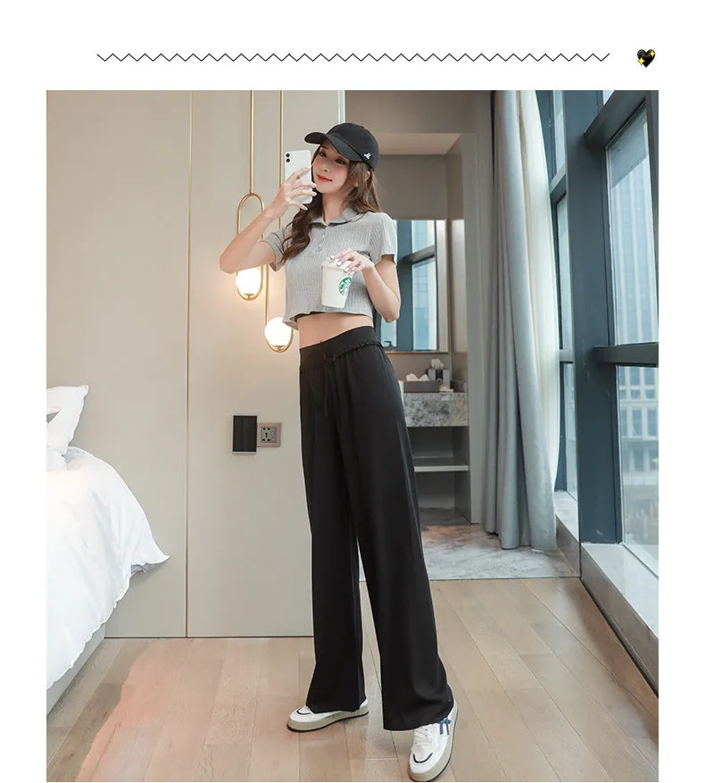Ice Silk Wide Leg Pants Women Summer France High Waist Drape Loose Slim Look Straight Pants