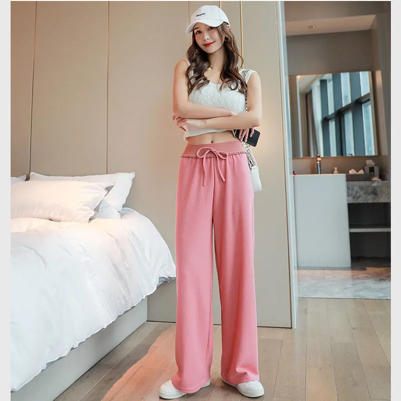 Ice Silk Wide Leg Pants Women Summer France High Waist Drape Loose Slim Look Straight Pants