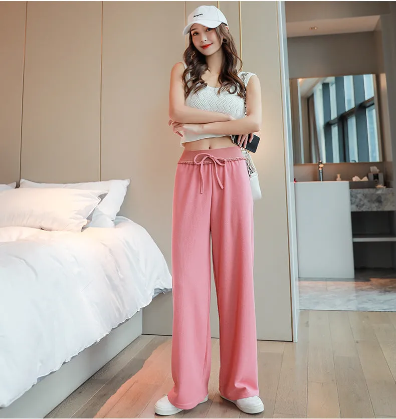 Ice Silk Wide Leg Pants Women Summer France High Waist Drape Loose Slim Look Straight Pants