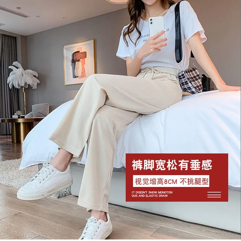 Ice Silk Wide Leg Pants Women Summer France High Waist Drape Loose Slim Look Straight Pants