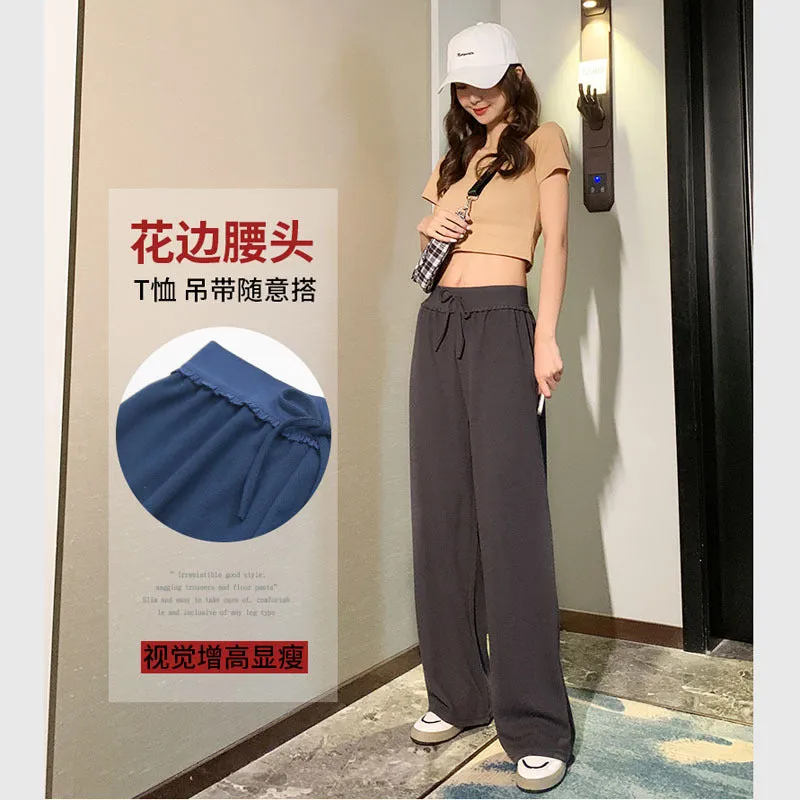 Ice Silk Wide Leg Pants Women Summer France High Waist Drape Loose Slim Look Straight Pants