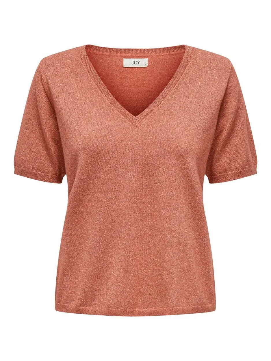 Jdybeauty S/s V-neck Glitter Pull K - Brique