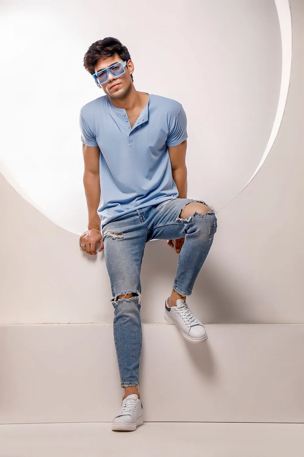 Light Blue Half Sleeves Henley