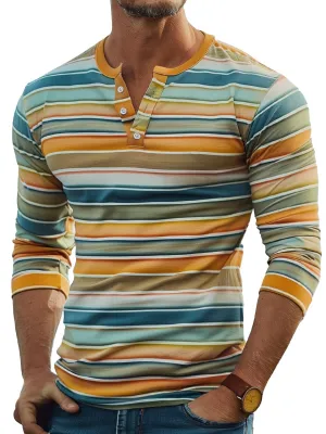 Light Striped Print Long Sleeve Henley T-Shirt